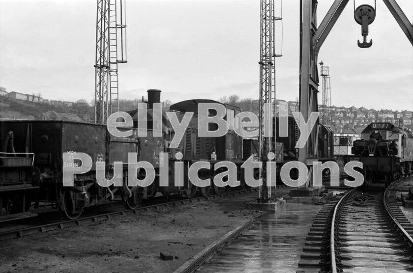 LPPC DSL BW 0394 
 An interesting assortment of vehicles and locomotives is at rest at the rear of Laira MPD on Saturday March 24th 1973. Clustered around the lifting gear are a Class 03 204hp shunter number D2128 (later 03128), which would probably have been used on the tight curves of the various port and harbour lines around Plymouth Dockyard and Friary ex-LSW station. In the background are a Class 08 350hp shunter (possibly D4129) and a Sulzer Type 2 Class 25. 
 Keywords: BR, Class 03, Class 25, 1973, Laira, D2128, 03128, Class 08, D4129, Class 08, Shed, Depot, Western