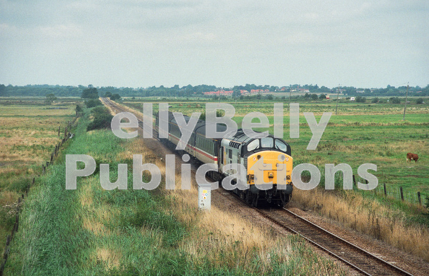 LPAP-DSL-CO-0150 
 37047 storms passed Stracey Arms with 2P12 0935 Norwich - Yarmouth 'vice unit' service, 6th August 1994. 
 Keywords: BR, Eastern, LNER, Norfolk, Stracey Arms, Diesel, BR, Passenger, Colour, Class37, 37047, D6747, MR, 1994