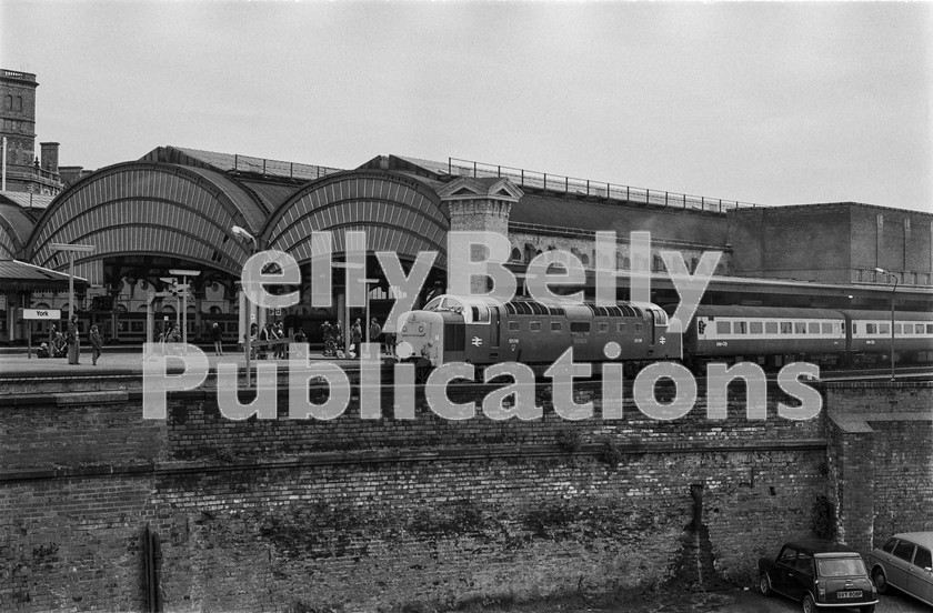 LPIS DSL BW NEGS 0046 
 EE Class 55 Deltic 55018 'Ballymoss' awaits departure from York with the 07.25 Plymouth to Edinburgh service on 26th April 1980. 
 Keywords: EE,Class 55,Deltic,York,BR,Eastern,D9018,9018,55018,Passenger,1980