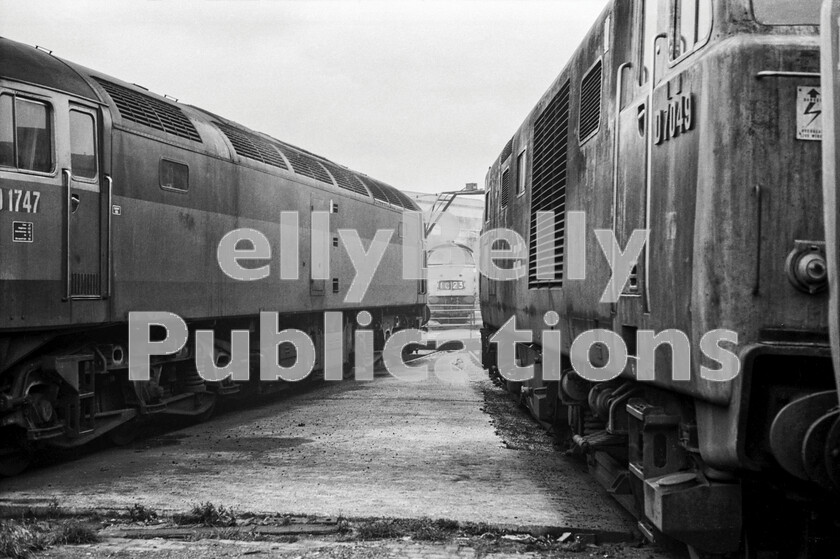 LPPC DSL BW 0993 
 Old Oak Common turntable in 1971 with a Brush Type 4 Class 47 number D1747, (later 47154/47546) on the left in nearly original dual-tone green condition except for full yellow cab-ends. An unkempt Hymek Class 35 number D7049 is on the right and both are facing a Western Class 52 across the table which is of the girder beneath type and would originally have been totally boarded in when there were four of them. The Hymek is only a few months away from withdrawal, it being withdrawn on 1st January 1972. 
 Keywords: 1970, BR, Black and White, D1747, D7049, Factory, GWR, London, Old Oak Common, Shed, Western, turntable